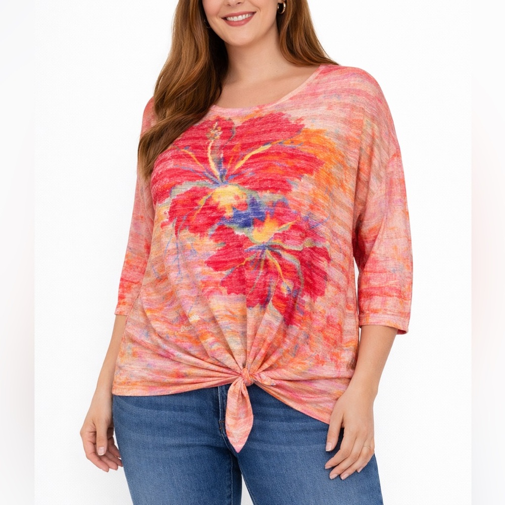 Leoma Lovegrove Hibiscus Floral Top XXXL 3/4 Sleeve Front Tie Knot